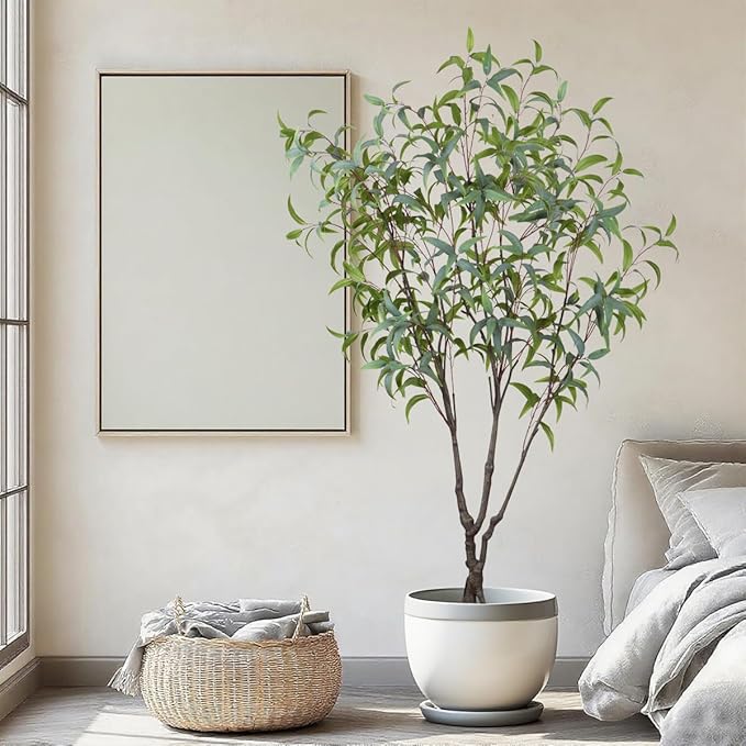 6.89ft Aritificial Eucalyptus Trees for Indoor Home Decorations, Tall Faux Eucalypt Trees with Lifelike Leaves for Outdoor Decor, Nearly Natural Fake Floor Plants for Living Room Office