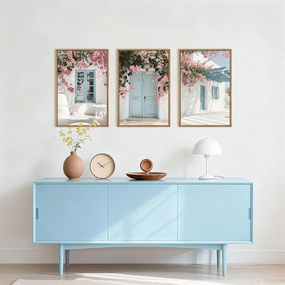 HOURIA Modern Greek Island Cityscape Framed Canvas Wall Art Set,European White House Blue Door Shutter Landscape Wall Decor,Santorini Natural Pink Flower Artwork for Living Room, Bedroom-24 x36 x3