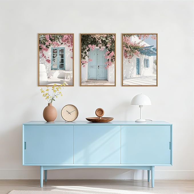 HOURIA Modern Greek Island Cityscape Framed Canvas Wall Art Set,European White House Blue Door Shutter Landscape Wall Decor,Santorini Natural Pink Flower Artwork for Living Room, Bedroom-16 x24 x3