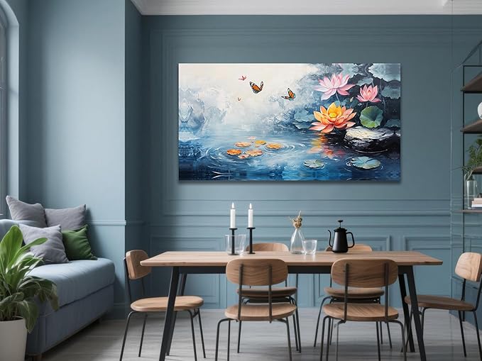 Enartly Lotus Canvas Wall Art for Living Room, Butterfly Floral Painting Zen Artwork Framed for Bedroom Hallway Spa Salon Yoga Picture Home Office Wall Decor, Large 40"x20"