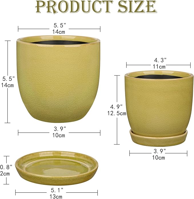 Ceramic Plant Pots 5 Inch + 4 Inch Set of 2, Flower Plants Pot with Drainage Holes and Saucers Tray Planter Garden Pot for Succulent Cactus Home Decoration Gift Indoor Outdoor Green