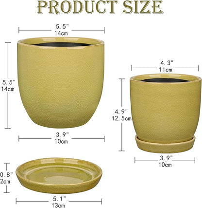 Ceramic Plant Pots 5 Inch + 4 Inch Set of 2, Flower Plants Pot with Drainage Holes and Saucers Tray Planter Garden Pot for Succulent Cactus Home Decoration Gift Indoor Outdoor Green