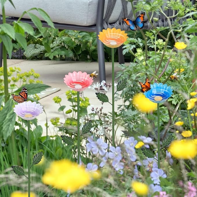 hogardeck Garden Decor for Outside, 4 Pcs 25.8" Metal Bee Watering Station, Flower Design with Stakes, Butterfly Feeder Bird Bath for Outside Yard Patio Lawn (Blue, Yellow, Pink, White)