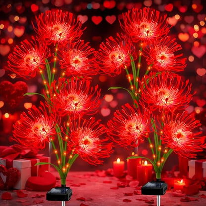 Solar Garden Flower Lights Outdoor,4 Pack 12-Head Red Spider Lily Waterproof with Glowing Stems,Elegant Yard & Patio Decor,Ideal Valentine's,Christmas & Gardening Gifts for Women,Mothers & Grandma