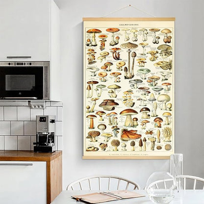 Vintage Flowers Poster Hanger Frame, Plant Floral Reference Chart Wall Decor Cottagecore Room Decor Aesthetic, Retro Style Wall Decor Art Painting Prints. (mushroom A, 29L x 20W)