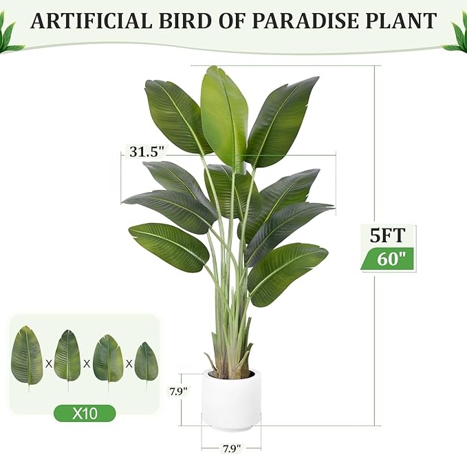 Artificial Bird of Paradise Plant 5Ft Tall Fake Tropical Palm Tree Large Fake Plants with 10 Silk Banana Leaves Faux Plant Indoor Decor Trees with White Pot for Home Bedroom Living Room Office