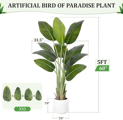 Artificial Bird of Paradise Plant 5Ft Tall Fake Tropical Palm Tree Large Fake Plants with 10 Silk Banana Leaves Faux Plant Indoor Decor Trees with White Pot for Home Bedroom Living Room Office