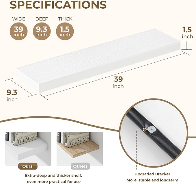 Dreamland 40 Inches Floating Shelves for Wall, 9.3" Deep Long Floating Shelves Set of 2, Large Display & Storage Shelf, Wall Shelf for Bathroom Bedroom Living Room Kitchen Office, White