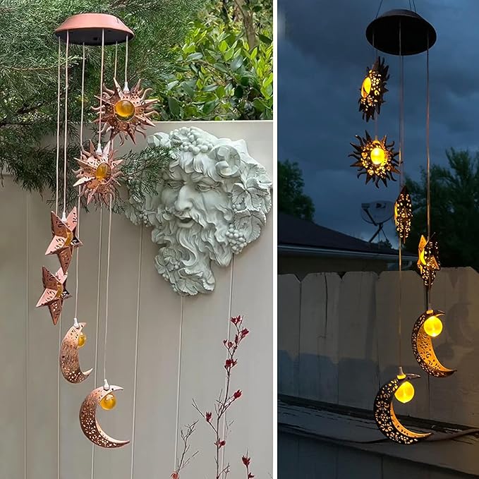 Tryme Solar Wind Chimes for Outside with Sun Moon Star Solar Hanging Lights Windchimes Outdoors Garden Decor Gifts for Mother, Grandma, Sister