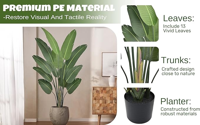 Artificial Bird of Paradise Tree 6FT with 13 Leaves Realistic Thick Banana Leaf Tall Large Faux Tropical Plant 70 Inch Black Pot for Indoor Home Office Poolside Porch Mall Hotel School Decor