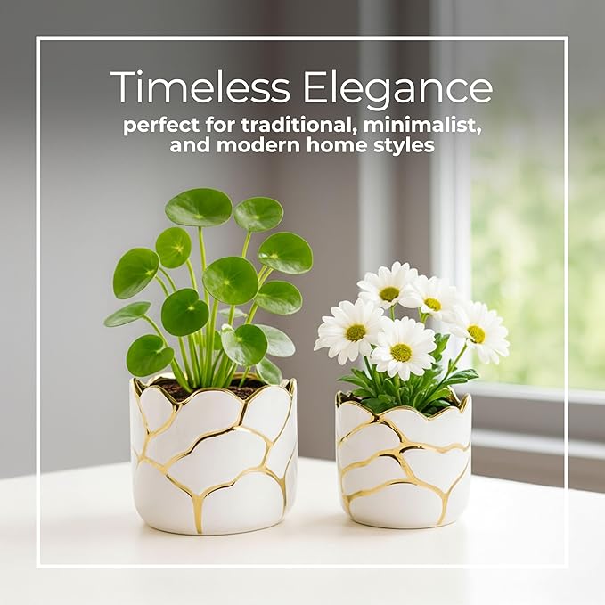 Set of 2 Plant Pots for Indoor Plants – Ceramic Planters with Gold Accents, Decorative Pots for Home Decor, Modern Indoor/Outdoor Ceramic Planter Set, Stylish Pot for Plants – 6/7", White