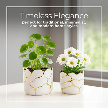 Set of 2 Plant Pots for Indoor Plants – Ceramic Planters with Gold Accents, Decorative Pots for Home Decor, Modern Indoor/Outdoor Ceramic Planter Set, Stylish Pot for Plants – 6/7", White