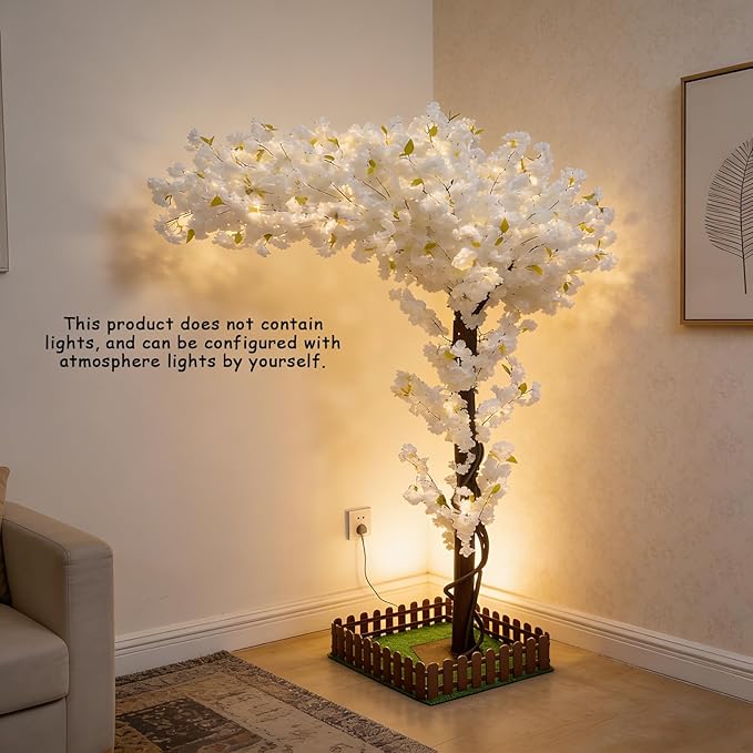 Artificial Cherry Blossom Tree 6.6Ft, White Silk Flowers with Solid Wood Trunk for Home & Garden Decor