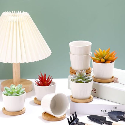 Hsei 12 Pack 2.5 Inch Mini Succulent Plant Pots Small Ceramic Flower Pot with Bamboo Tray Garden Cactus Herb Container, Home Office Decoration for Christmas Birthday Wedding Favor Gifts (White)