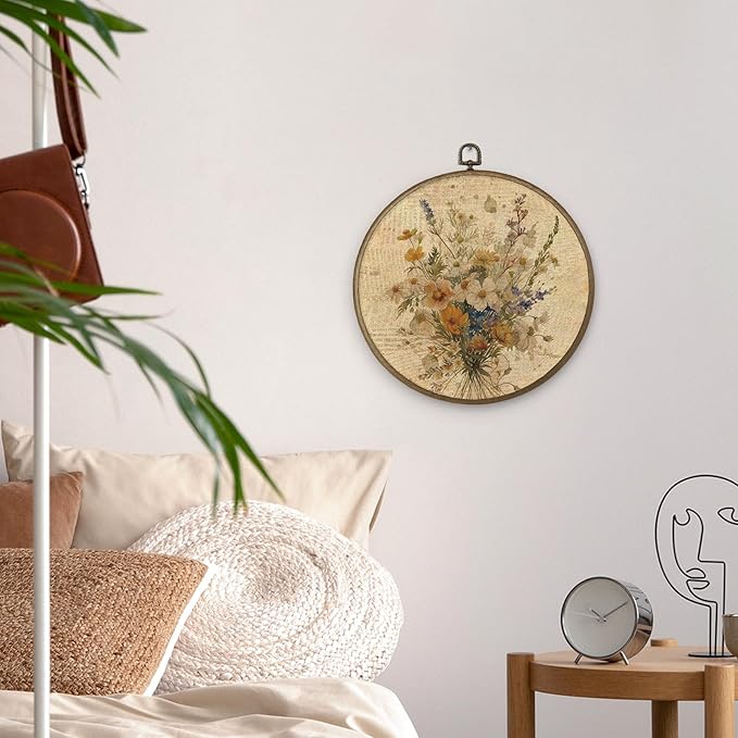 MAQIKA Bohemian White Flower Framed Wall Art Decor, Botanical Wall Art, Boho Floral Bouquet Round Wall Hanging Decor, Vintage Wildflower Canvas Prints Wall Art for Nursery Room Bedroom, 10x10 Inch