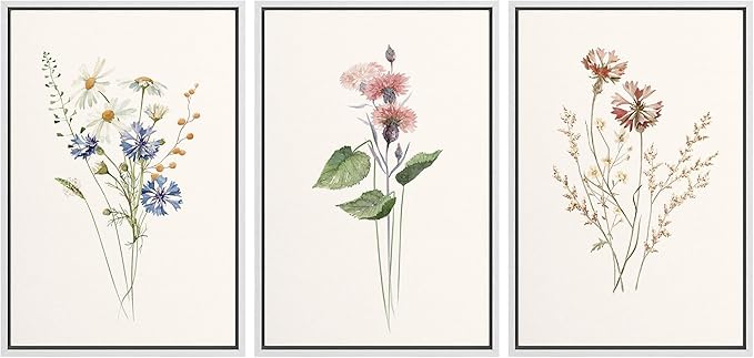 Ashbrook Framed Canvas Print Wall Art Set Pastel Flower Variety Nature Wilderness Illustrations Modern Art Decorative Floral Botanical Minimal Calm/Relax/Cozy for Bedroom - 24"x36"x3 White