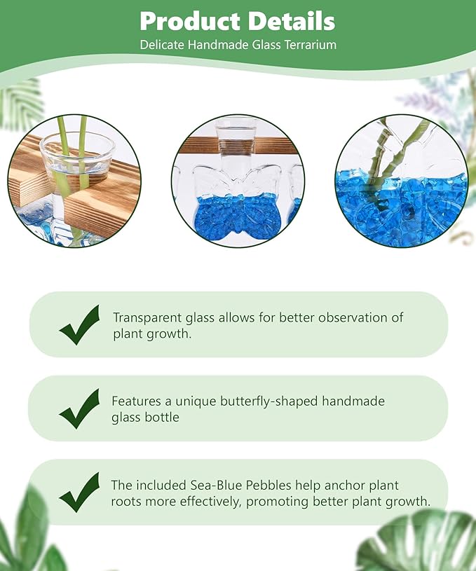 Nacome Butterfly Vase Propagation Stations: Glass Plant Terrarium with Wooden Stand for Home Office Desk Decor, Unique Gifts for Plant Lovers Women Mom