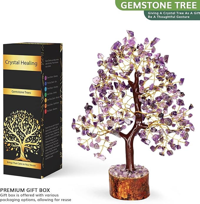 NARIBABU Amethyst Crystal Tree – 10-12 Inch Gemstone Tree with Golden Wire & Wooden Base – Spiritual Gift, Gifts for Her, Healing Crystals Decor, Birthday Gift for Women, Reiki Energy