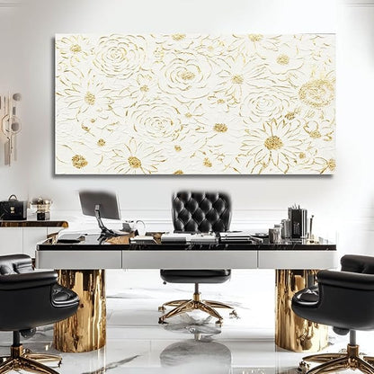 YJYart Floral Wall Decor White and Gold Decorations Simple Wall Art 24"x48" Office Wall Pictures Oil Paintings for Bedroom