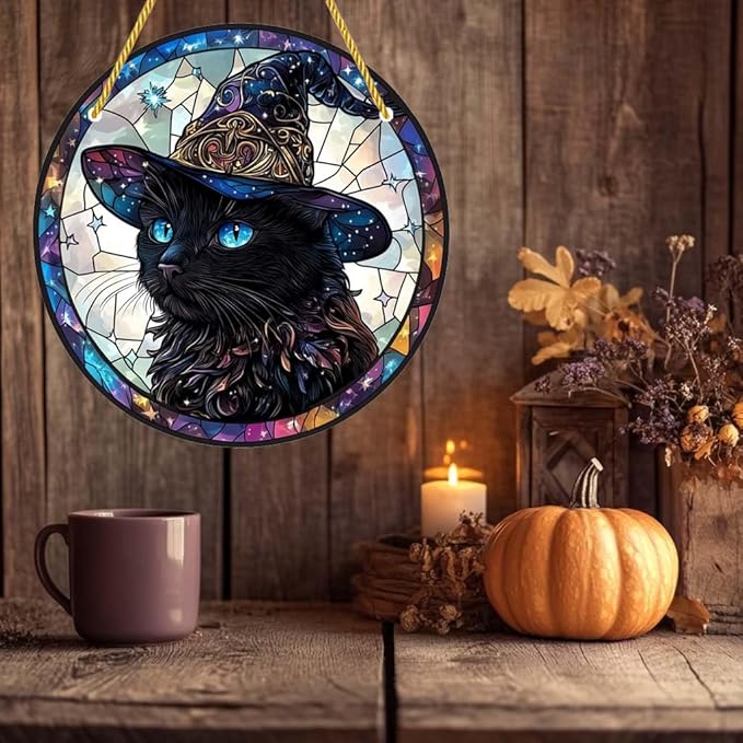 Acrylic Window Hanging Black Cat Wizard Stained Panel Window Decoration for Halloween Decorations Outdoor Indoor Garden Yard Home Halloween Decor 8 Inch