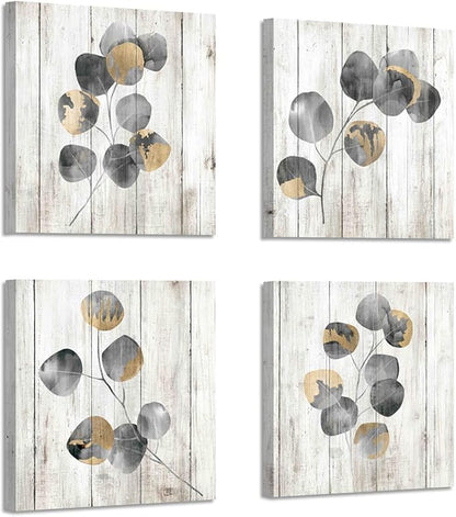 ARTISTIC PATH Leaf Artwork Botanical Canvas Print: Gray Leaves Painting Wall Art for Bathroom (12" W x 12" H x 4 PCS,Multi-Sized)
