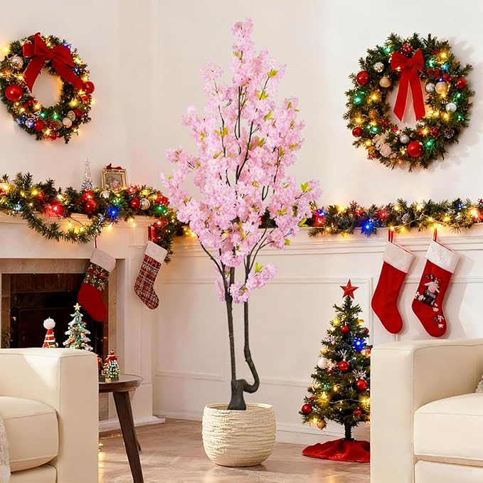 7.2ft Tall Pink Faux Cherry Blossom Tree for Home Decor, Likelike Artificial Silk Flower Cherry Branches Tree Indoor Outdoor, Sakura Tree Realistic Fake Flowering Plant for Christmas Decor