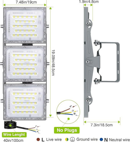 STASUN 2 Pack LED Flood Lights Outdoor, Max Series 300W 30000lm 6000K Daylight IP66 Waterproof, Commercial Parking Lot Lights, 3 Heads for Yard Street Stadium Outdoor Area Floodlight Security Light