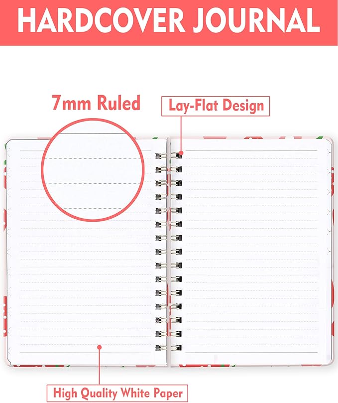 Spiral Journal Notebook for Women, Hardcover A5 College Ruled Notebook, 120 Pages, Thick Paper, Cute Lined Journal for School, Office & Work, 6 x 8.4 in(Pink Strawberry Flower)