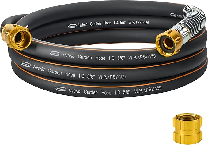 5/8 in. × 10 ft. Flexible Hybrid Rubber Garden Hose, High Flow 5/8" I.D. No Memory Durable Lightweight Water Hose Leader Hose for Watering, Irrigation, Water Transfer Pump