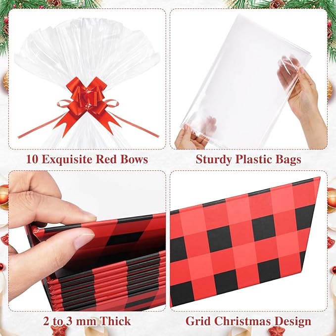 AFOROEOA 10PACK Christmas Gift Baskets Empty, Baskets For Gifts Empty 10x12”Thick Gifts Basket with 10 Bows 10 Bags Gift Basket for Christmas Xmas Wedding Birthdays Party Wrapping （Red Plaid）