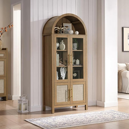 71" Tall Arched Display Cabinet, 5-Tier Bookshelf Modern Farmhouse Arched Bookcase with Glass Doors and Shelves, Wooden Pantry Storage Cabinet for Living Room, Office and Kitchen, Caramel Oak