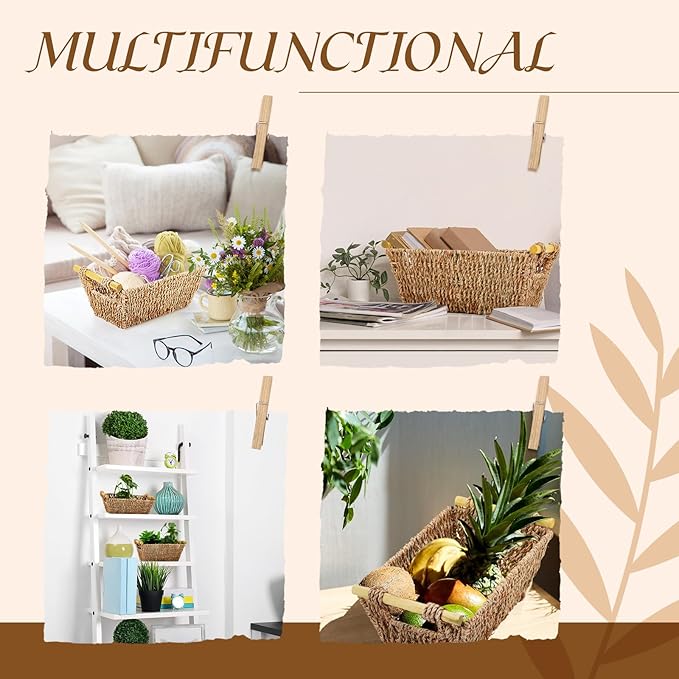 Marsui 6 Pcs Small Hand Woven Wicker Baskets with Wooden Handles, Seagrass Rattan Storage Baskets Bin Organizer Shelf Pantry for Bathroom Storage Towel Kitchen Washroom Gifts Decor, 9" x 6" x 4"