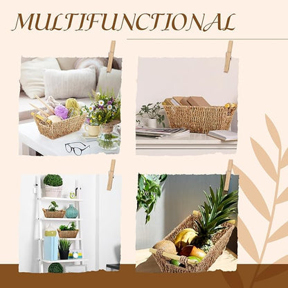 Marsui 6 Pcs Small Hand Woven Wicker Baskets with Wooden Handles, Seagrass Rattan Storage Baskets Bin Organizer Shelf Pantry for Bathroom Storage Towel Kitchen Washroom Gifts Decor, 9" x 6" x 4"