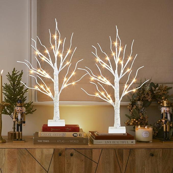 PEIDUO Christmas Decorations Indoor, 2 FT Birch Tree with LED Lights, Fairy Light Spirit Tree for Christmas Decor, Warm White Lighted Birch Trees for Home Decor Indoor, Battery Powered, Timer (2PK)