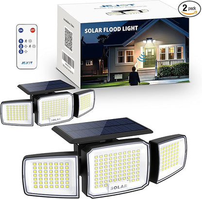 Solar Security Light Outdoor Super Bright LED w/Remote Control, Radar Motion Sensor Flood Light, 3 Heads 270° Wide Angle, IP65 Waterproof, 3 Modes (2 Packs)