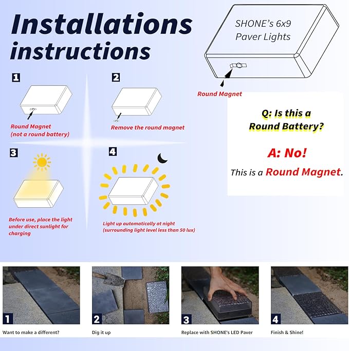 Solar Paver Outdoor Lights, 6x9 Recessed Brick Light, Heavy Duty IP67 Waterproof LED, Landscape Lighting for Ground, Pool, Garden, Driveway (Warm White, 1Pack)
