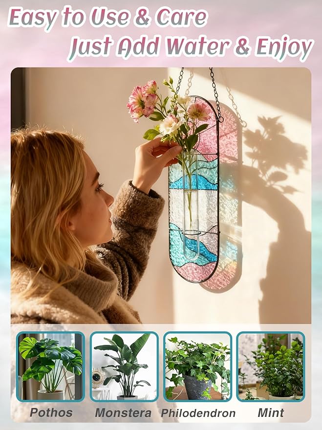 Stained Glass Plant Propagation Stations - Handmade Sunshine Catcher Hydroponic Planter Window Hanging with Glass Tubes, Christmas Terrarium Decor Gifts for Women Mom Plant Lovers, Pink