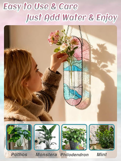 Stained Glass Plant Propagation Stations - Handmade Sunshine Catcher Hydroponic Planter Window Hanging with Glass Tubes, Christmas Terrarium Decor Gifts for Women Mom Plant Lovers, Pink