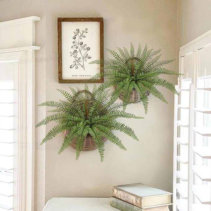 Briful 2Pack Artificial Boston Fern Plant 25.9in Lifelike Faux Ferns Bush Fake Hanging Greenery for Home Office Indoor Outdoor Garden Planter Decor