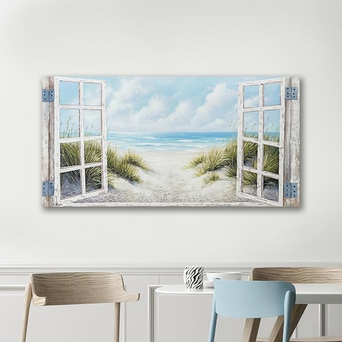 Window Beach Wall Art Prints Large tropical Seascape Picture Coastal Ocean Landscape Canvas Bedroom Blue Ocean Artwork Relaxing Living Room Sea Scene Painting Horizontal Summer Seascape Decor 48 x 24