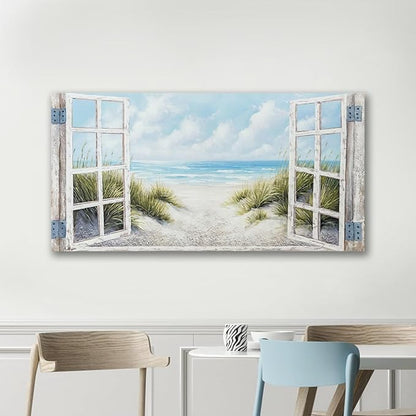 Window Beach Wall Art Prints Large tropical Seascape Picture Coastal Ocean Landscape Canvas Bedroom Blue Ocean Artwork Relaxing Living Room Sea Scene Painting Horizontal Summer Seascape Decor 48 x 24
