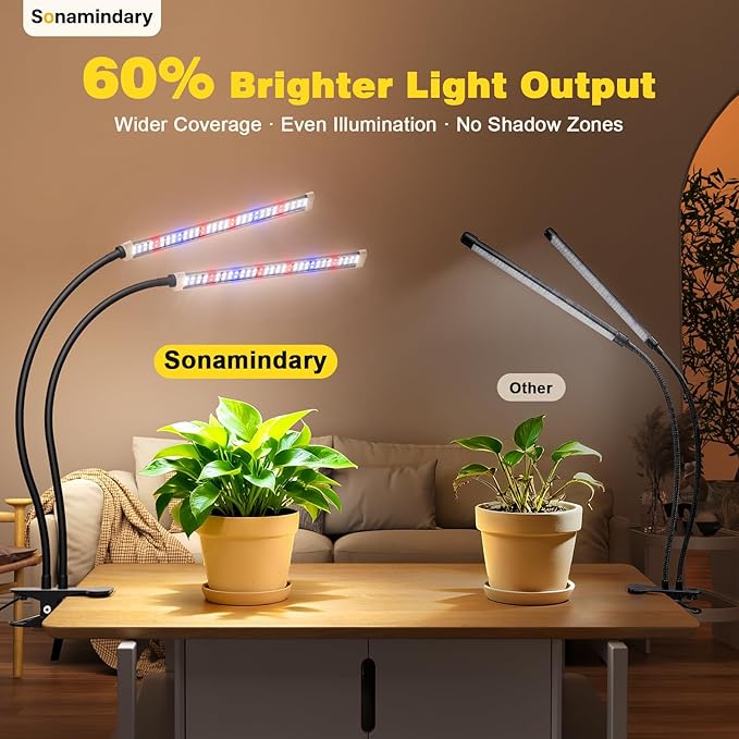 Grow Light for Indoor Plants, 120 LEDs Full Spectrum 5700K Plant Lamp with Red Blue White Light, 5-Level Dimmable, 4/8/12H Timer, Adjustable Clamp Stand(Dual Head)