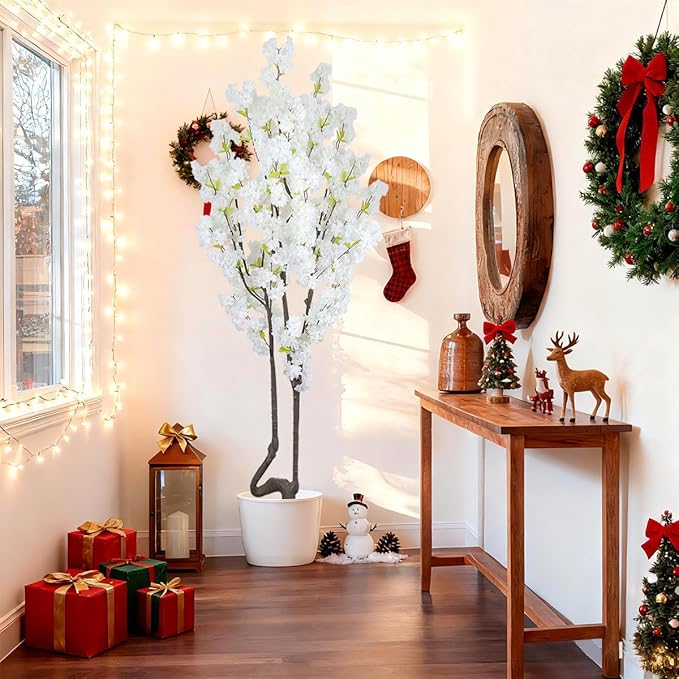 7.2 ft White Artificial Cherry Blossom Tree, Nearly Nature Faux Silk Flower Tree Indoor, Fake Realistic White Flowering Tree for Christmas New Year Home Decor