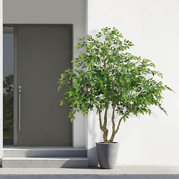 7FT Artificial Ficus Tree with Natural Trunk, 82.7" Tall Fake Banyan Plant with Realistic Green Leaves, No Watering UV Resistant Indoor Outdoor Tree for Home Patio Decor