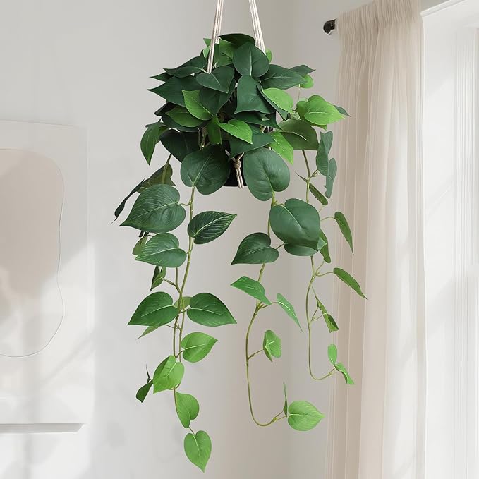 alyptus Fake Hanging Pothos – Realistic Pothos Plant for Indoor & Outdoor Decor, Lush Faux Hanging Plants with Vines for Shelves, Counters, Home & Office Greenery - Green