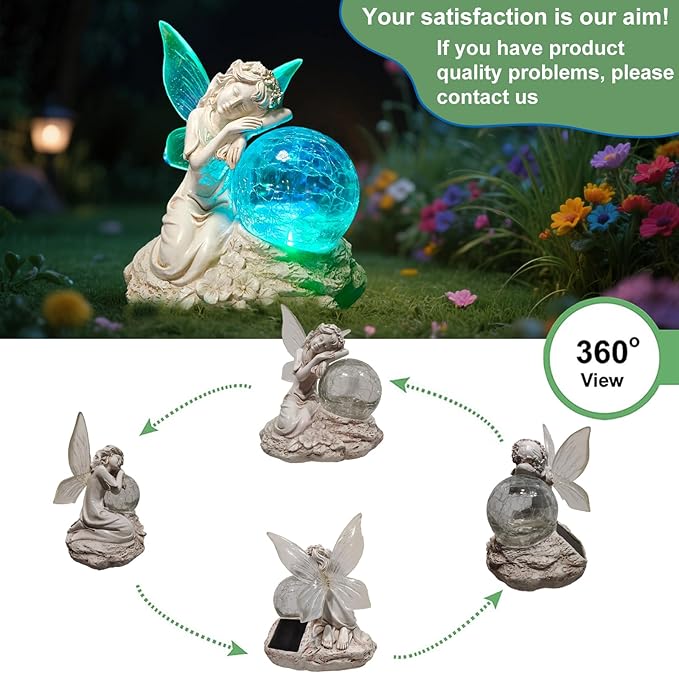 Solar Fairy Garden Statue with Cracked Glass Ball & Glowing Wings, Waterproof Outdoor Fairy Decor for Yard, Patio, Lawn – Ideal for Garden Lovers & Holiday Giving (7.67x6.69 Inches)