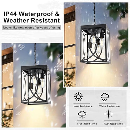 4-Lights Large Outdoor Pendant Lights, Black Hanging Porch Lighting Fixture with Clear Glass, E26 Bulb Base Exterior Lantern Chandelier Ceiling Mount for Front Door Patio Garden