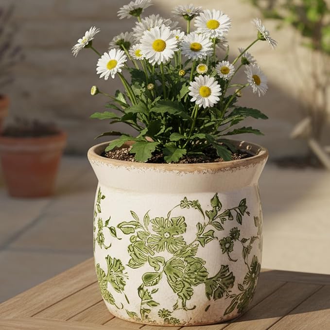 Rustic Ceramic Pots for Plants, 6.21in. Vintage Crackle Glazed Planters for Indoor & Outdoor Plants with Drainage Hole, Unique Planting Pots for Gardening, Tuscan Decor Plant Pots Indoor, Green Leaf