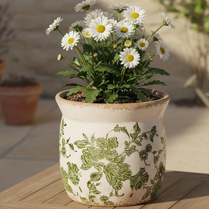 Rustic Ceramic Pots for Plants, 6.21in. Vintage Crackle Glazed Planters for Indoor & Outdoor Plants with Drainage Hole, Unique Planting Pots for Gardening, Tuscan Decor Plant Pots Indoor, Green Leaf