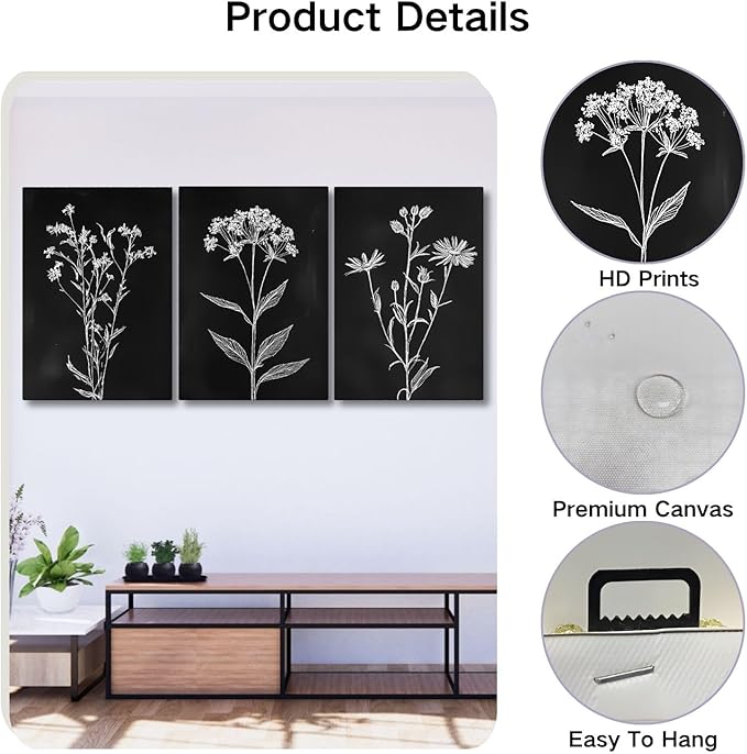 sawjug Black And White Botanical Canvas Wall Art,Minimalist Wildflower Wall Decor,Vintage Botanical Floral Wall Painting for Living Room, Bedroom,Office (24" x 36" x 3 pcs)